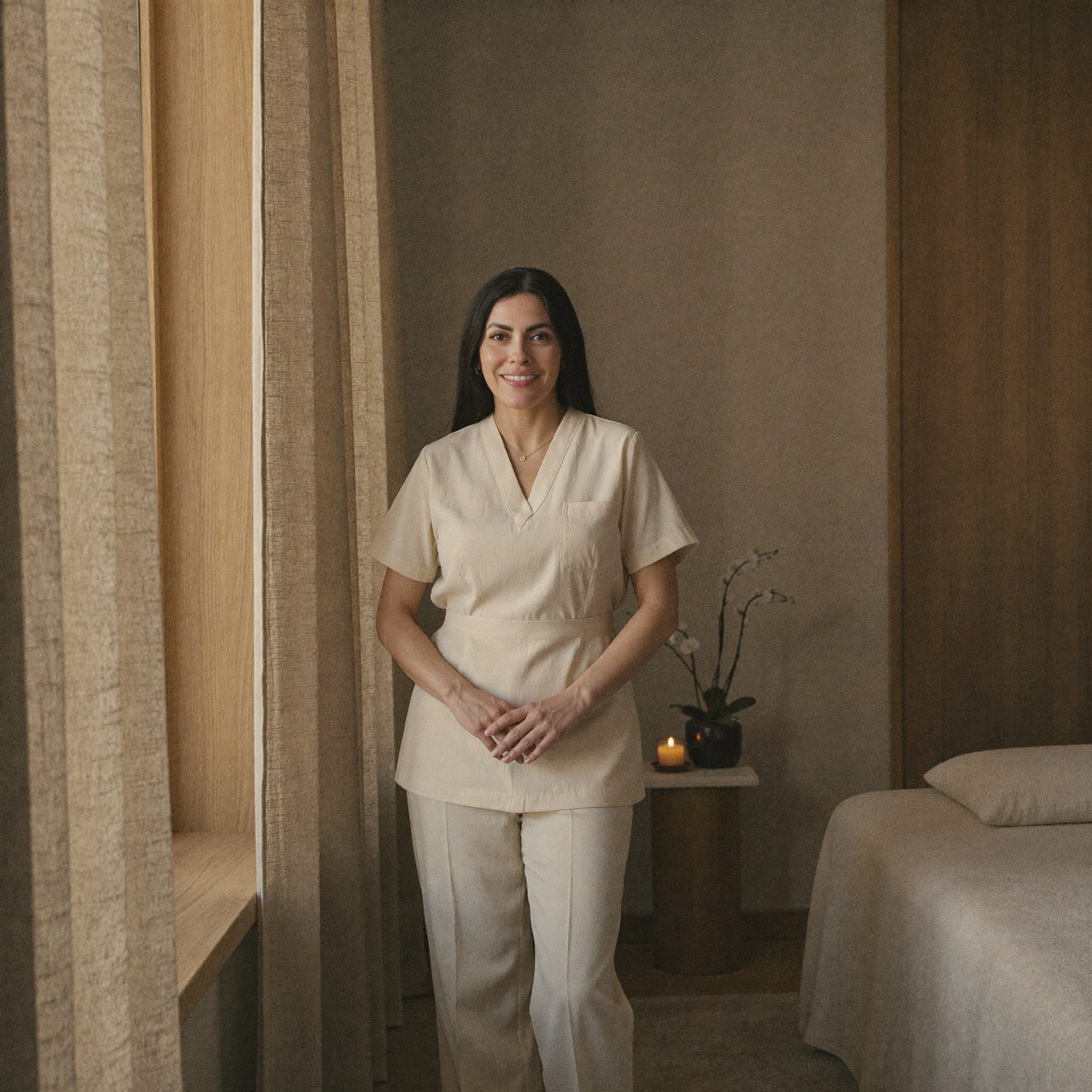 The founder of Afrodita Centro standing in her warm, wood-panelled treatment room