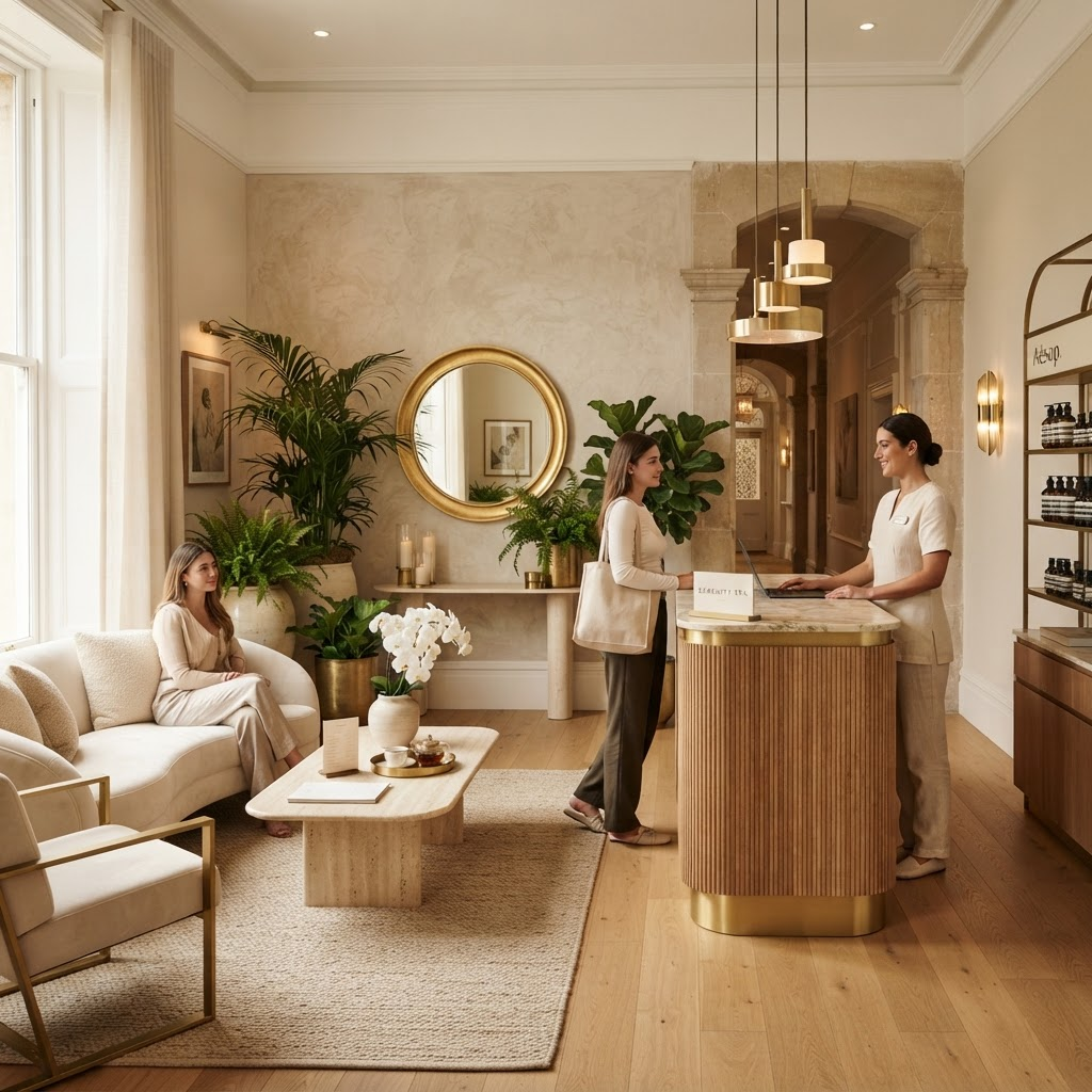 Warm, inviting spa reception area