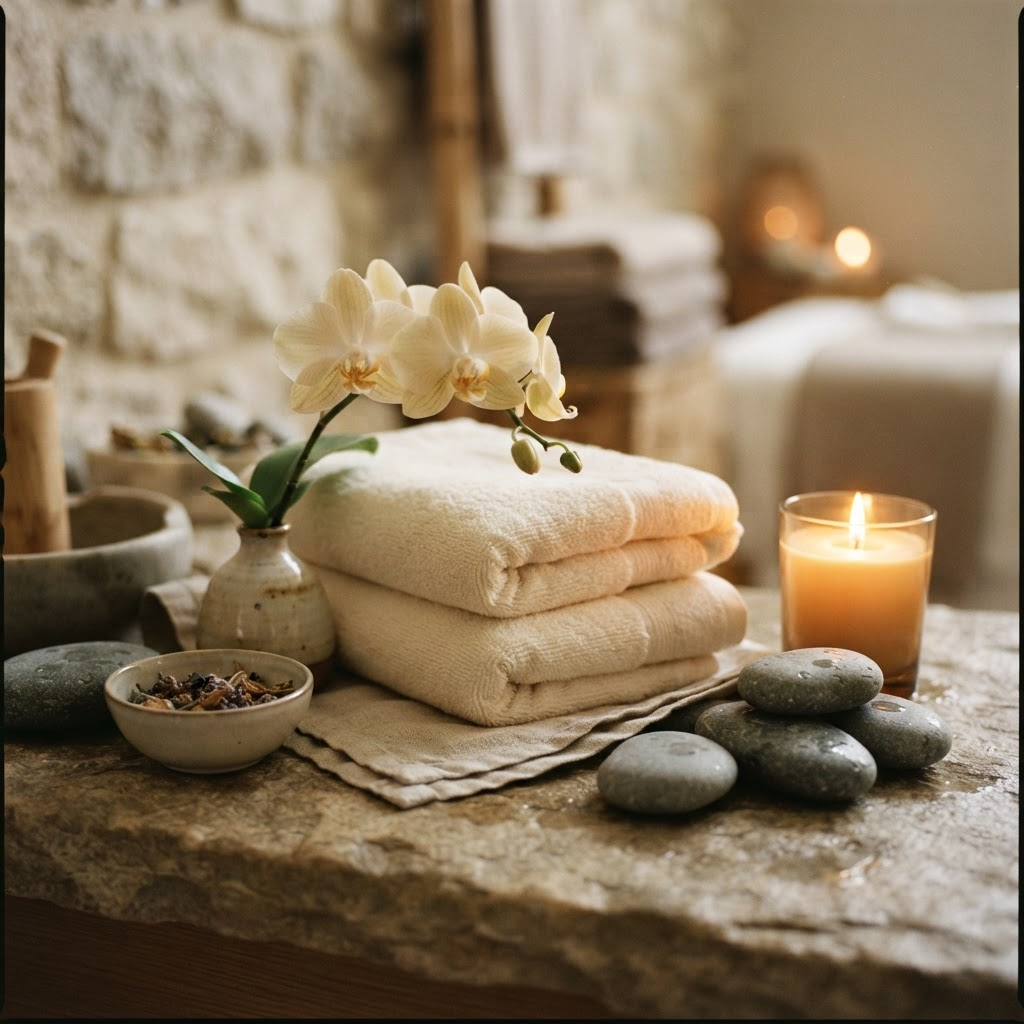 Spa detail with towels, orchid and candle
